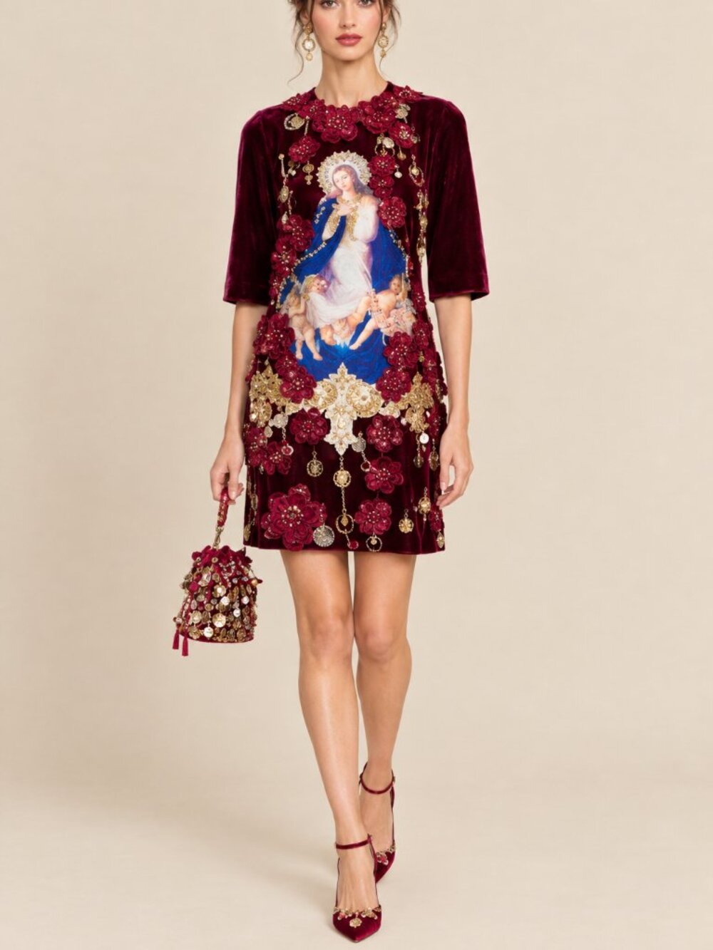 👑🪞Luxury Designer Couture Runway Burgundy Velvet Embroidered Beaded Gown Dress